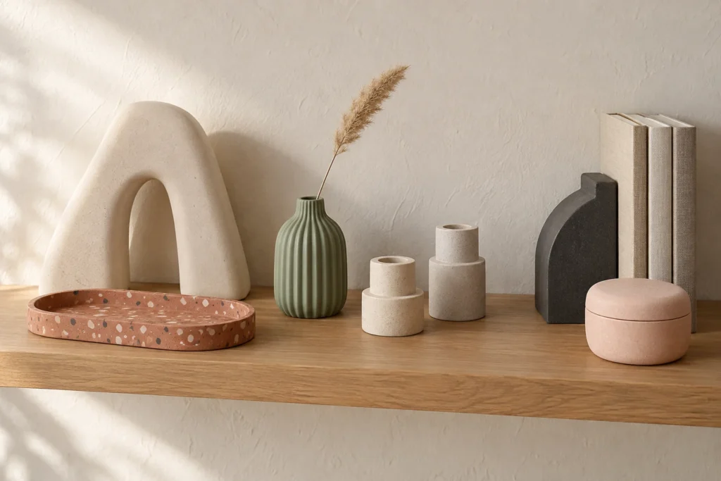 Sept objets en jesmonite disposés sur une étagère en bois, avec arche, coupelle, vase, bougeoirs, serre-livres et boîte