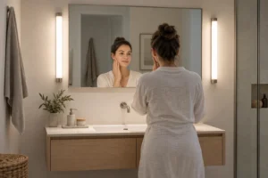 Meuble vasque en bois et miroir encadré par deux appliques verticales diffusantes